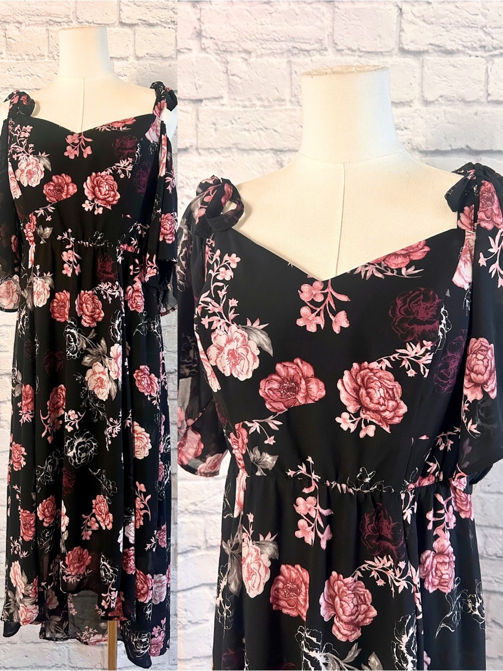 torrid On Off Shoulder Dress Black Pink Floral Roses High-Low Whimsigoth Fairy